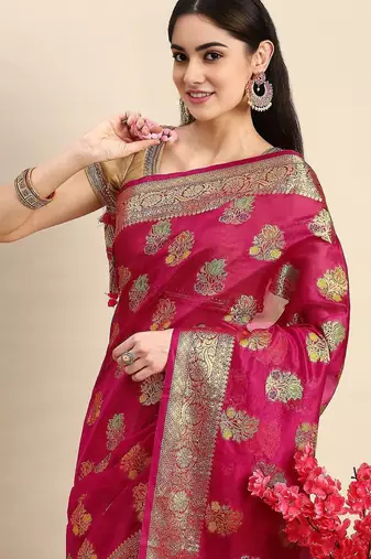pink ethnic motifs zari organza kanjeevaram saree