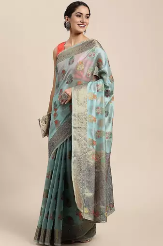 blue ethnic motifs zari organza kanjeevaram saree