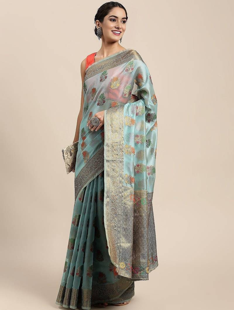 blue ethnic motifs zari organza kanjeevaram saree