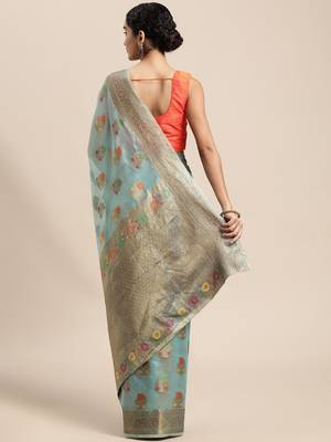 blue ethnic motifs zari organza kanjeevaram saree 2