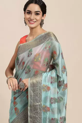 blue ethnic motifs zari organza kanjeevaram saree