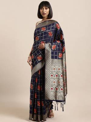 navy_blue navy blue & gold-toned art silk woven design banarasi saree 1