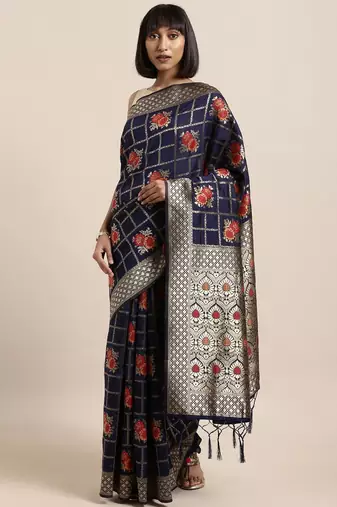 navy_blue navy blue & gold-toned art silk woven design banarasi saree