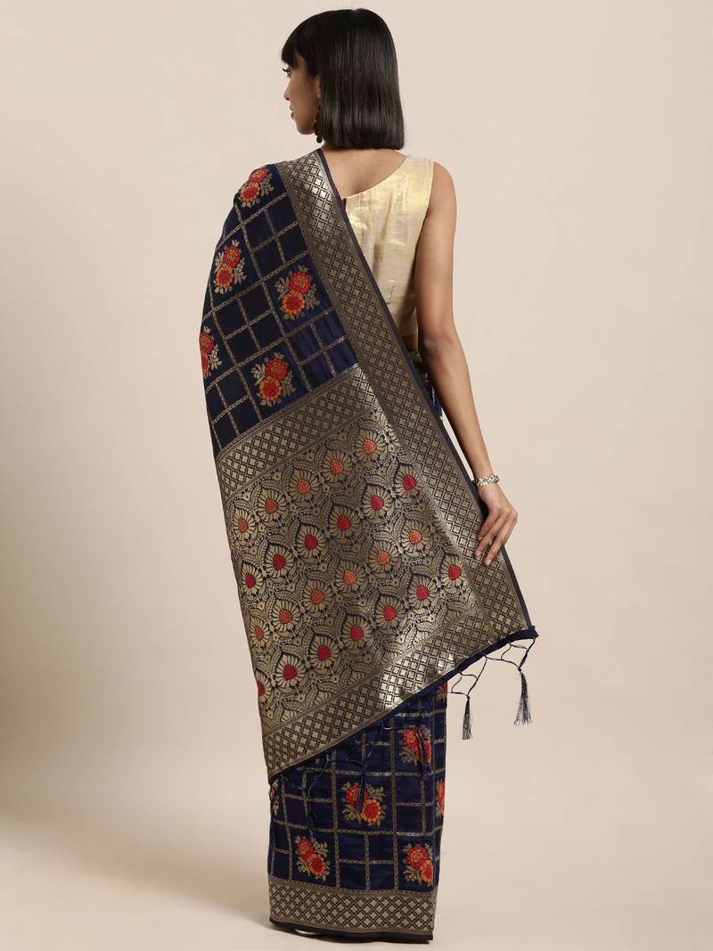 navy_blue navy blue & gold-toned art silk woven design banarasi saree