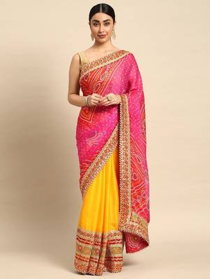 yellow bandhani gotta patti pure chiffon saree 1