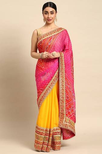 yellow bandhani gotta patti pure chiffon saree