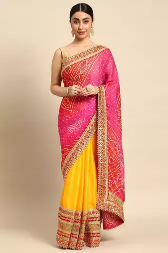 yellow bandhani gotta patti pure chiffon saree