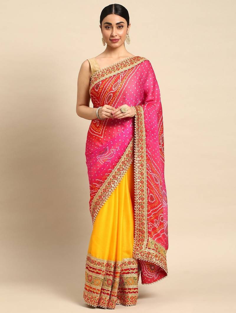 yellow bandhani gotta patti pure chiffon saree