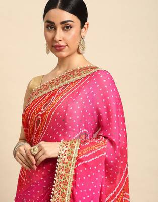 yellow bandhani gotta patti pure chiffon saree 2