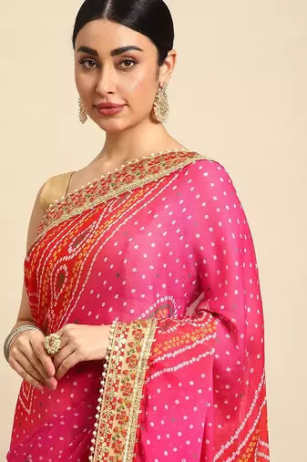yellow bandhani gotta patti pure chiffon saree