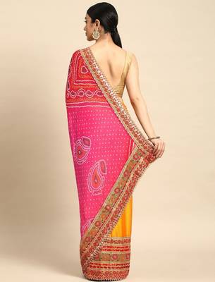 yellow bandhani gotta patti pure chiffon saree 3