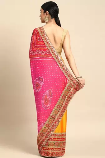 yellow bandhani gotta patti pure chiffon saree