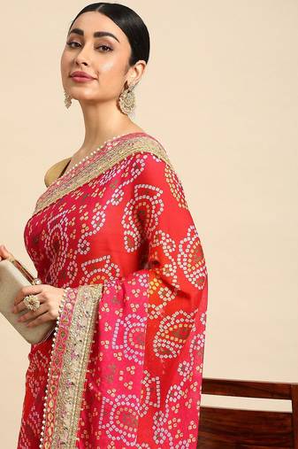 pink bandhani gotta patti pure chiffon saree