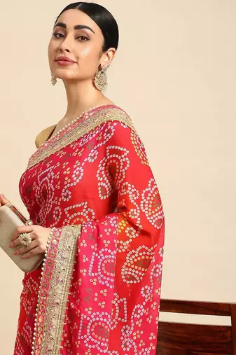 pink bandhani gotta patti pure chiffon saree