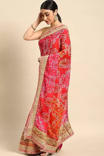 pink bandhani gotta patti pure chiffon saree