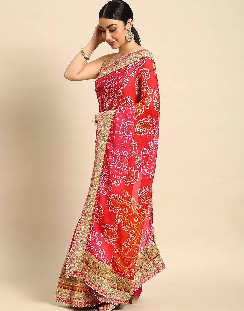 pink bandhani gotta patti pure chiffon saree