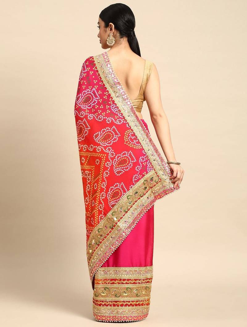pink bandhani gotta patti pure chiffon saree