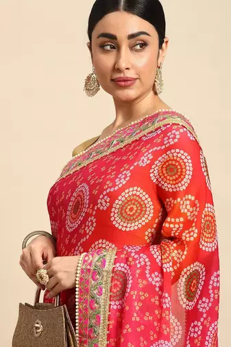 orange bandhani gotta patti pure chiffon saree