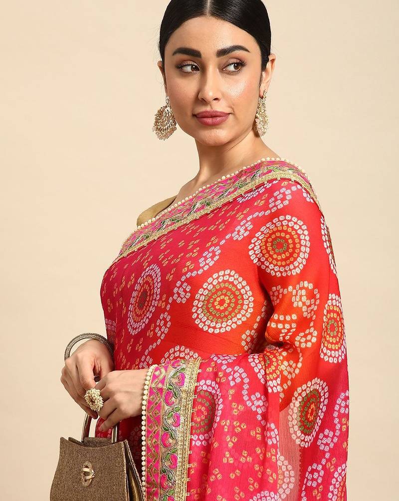 orange bandhani gotta patti pure chiffon saree
