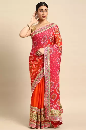 orange bandhani gotta patti pure chiffon saree