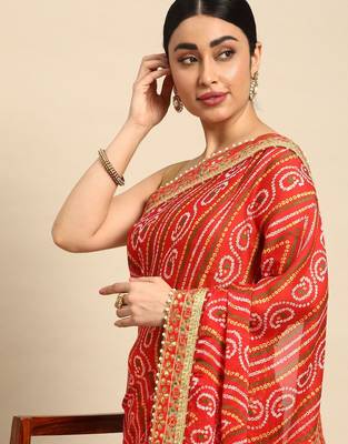 yellow bandhani gotta patti pure chiffon saree 1