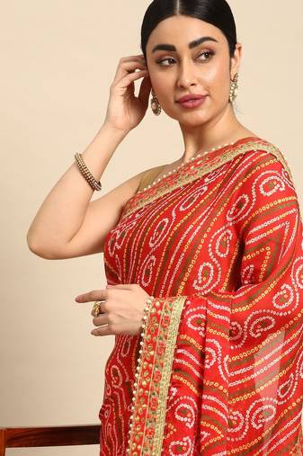 yellow bandhani gotta patti pure chiffon saree