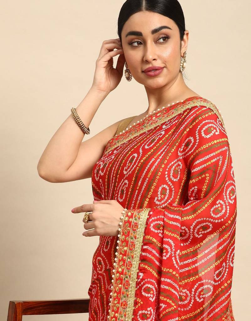 yellow bandhani gotta patti pure chiffon saree