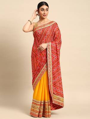 yellow bandhani gotta patti pure chiffon saree 2