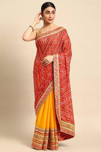 yellow bandhani gotta patti pure chiffon saree