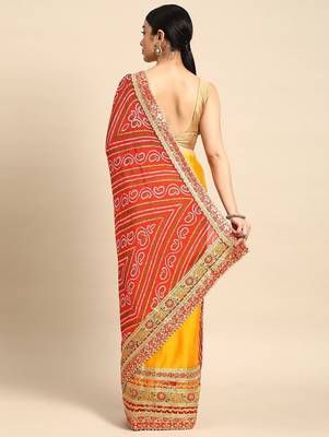 yellow bandhani gotta patti pure chiffon saree 3