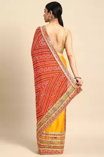 yellow bandhani gotta patti pure chiffon saree