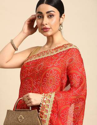 beige bandhani gotta patti pure chiffon saree 1
