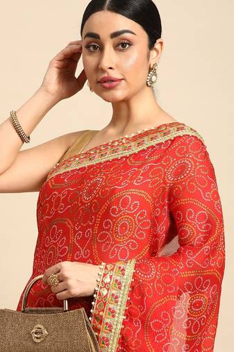 beige bandhani gotta patti pure chiffon saree