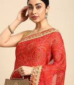 beige bandhani gotta patti pure chiffon saree