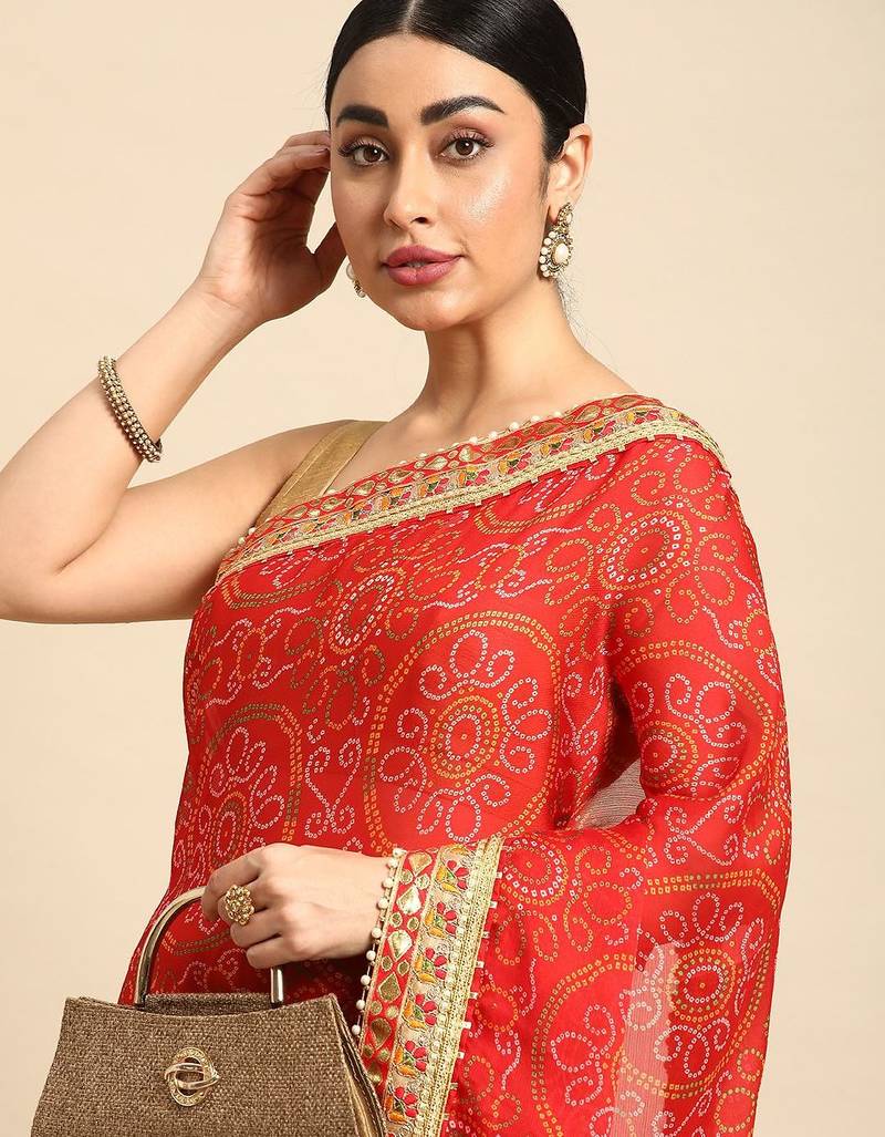 beige bandhani gotta patti pure chiffon saree