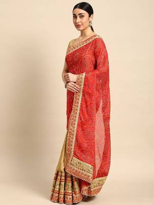 beige bandhani gotta patti pure chiffon saree 2