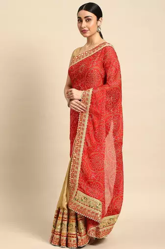 beige bandhani gotta patti pure chiffon saree
