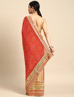 beige bandhani gotta patti pure chiffon saree 3