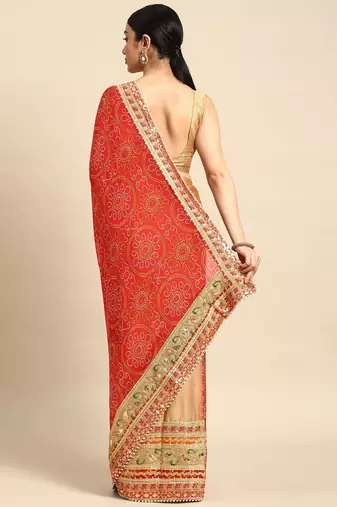 beige bandhani gotta patti pure chiffon saree