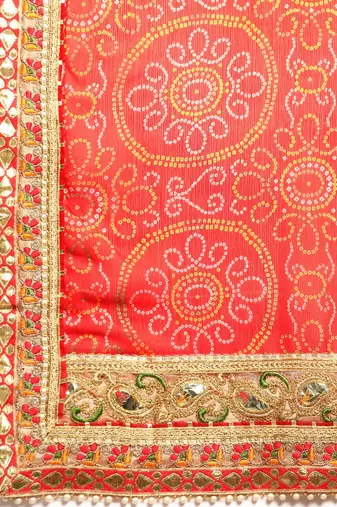 beige bandhani gotta patti pure chiffon saree