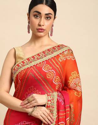 peach bandhani gotta patti pure chiffon saree 1
