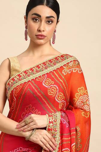 peach bandhani gotta patti pure chiffon saree