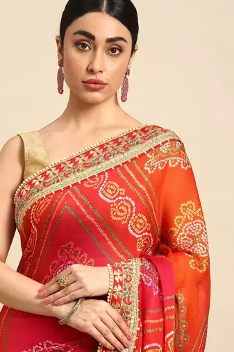 peach bandhani gotta patti pure chiffon saree