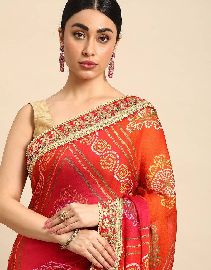 peach bandhani gotta patti pure chiffon saree