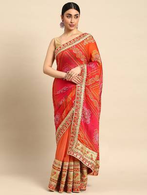 peach bandhani gotta patti pure chiffon saree 2