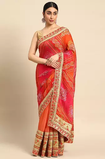 peach bandhani gotta patti pure chiffon saree
