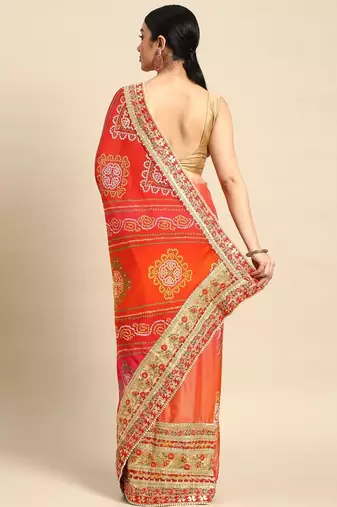 peach bandhani gotta patti pure chiffon saree