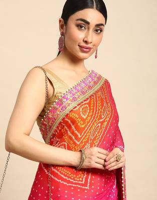 peach bandhani gotta patti pure chiffon saree 1