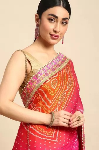 peach bandhani gotta patti pure chiffon saree