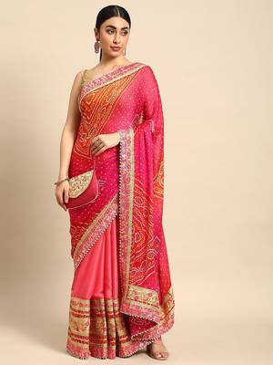 peach bandhani gotta patti pure chiffon saree 2